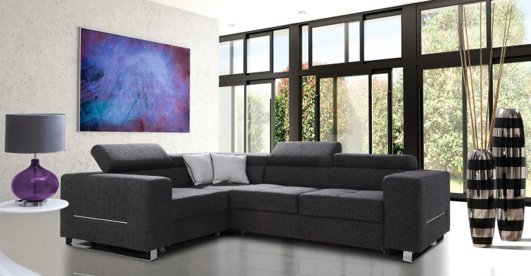 Ecksofa L-Form Sofa Couch Design Polster Modern Textil Bettfunktion Grau Stoff