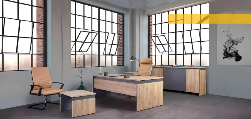 Großes Büromöbel Set Schreibtisch Massivholz Möbel Kommode Braun 4tlg