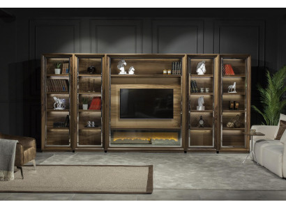 Luxus Wohnwände 448cm Schrank Wand Wohnwand mit Kamin Wohnzimmer Holz