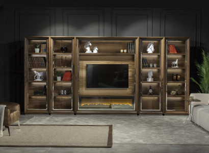 Luxus Wohnwände 448cm Schrank Wand Wohnwand mit Kamin Wohnzimmer Holz