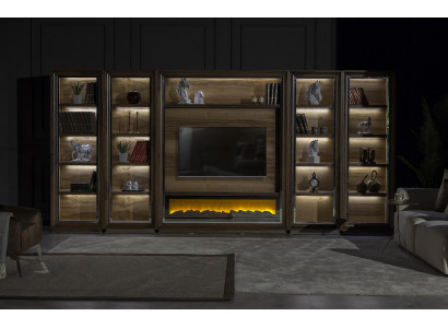 Luxus Wohnwände 448cm Schrank Wand Wohnwand mit Kamin Wohnzimmer Holz