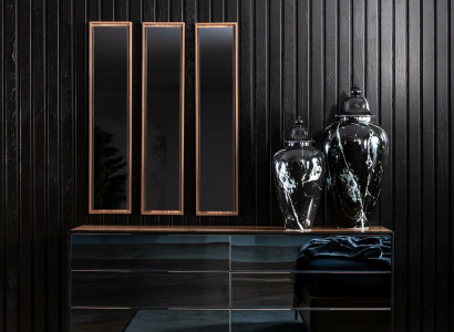 Luxus Spiegel 3er Set Schmale Spiegel mit braunen Rahmen Wandspiegel 3tlg