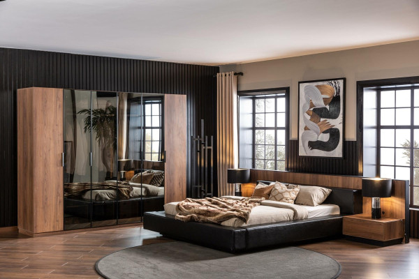 Schlafzimmer Set Bett Braun Kleiderschrank 2x Nachttisch Komplett 4tlg