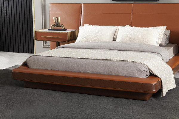 Luxus Schlafzimmer Set Orange Terrakotta Bett Leder Kommode Nachttisch 4tlg.