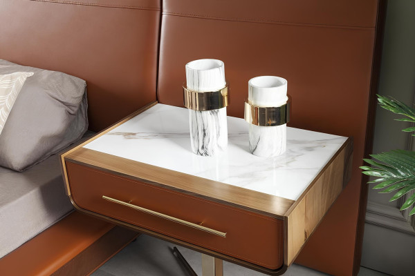 Luxus Schlafzimmer Set Orange Terrakotta Bett Leder Kommode Nachttisch 4tlg.