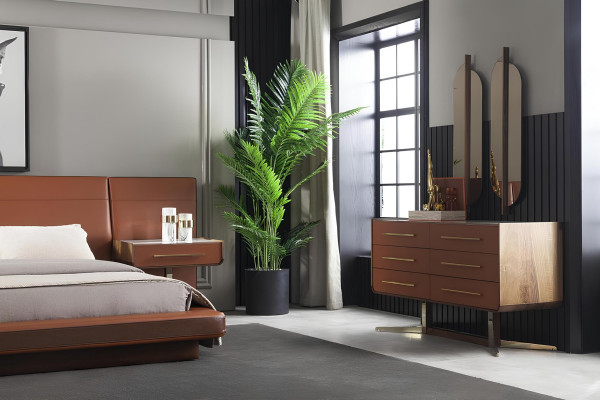 Luxus Schlafzimmer Set Orange Terrakotta Bett Leder Kommode Nachttisch 4tlg.