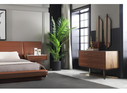 Luxus Schlafzimmer Set Orange Terrakotta Bett Leder Kommode Nachttisch 4tlg.