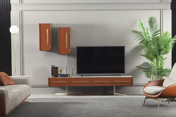 Orangene Wohnwand Edelstahl Wohnwände Wohnzimmer Möbel tv Media Wand