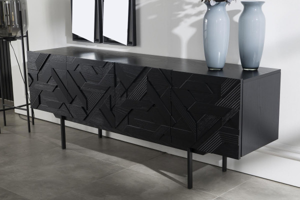 Schwarzes Luxus Sideboard Kommode Schrank Möbel 208cm mit Spiegel 2tlg