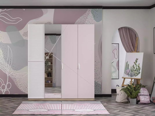 Kleiderschrank Schrank Kinderzimmer Holz Rosa Spiegel 4 Türen Moden