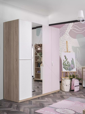 Kleiderschrank Schrank Kinderzimmer Holz Rosa Spiegel 4 Türen Moden
