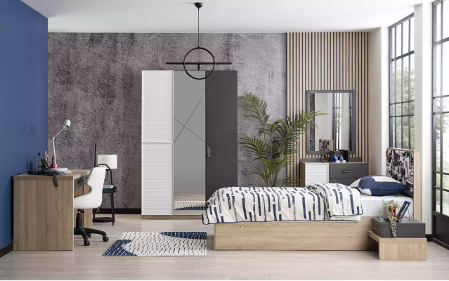 Kleiderschrank 3 Türen Moden Schrank Holz Grau Spiegel Kinderzimmer