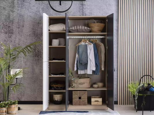 Kleiderschrank 3 Türen Moden Schrank Holz Grau Spiegel Kinderzimmer