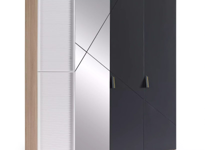 Kleiderschrank 4 Türen Moden Schrank Holz Grau Spiegel Kinderzimmer