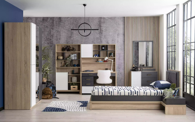 Kinderzimmer Kindermöbel Garnitur Kinderbett Bett Holz Grau Set 10tlg