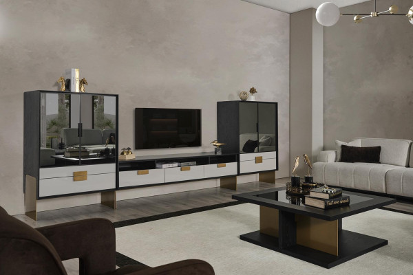 Wohnwand TV-Schrank 2x Vitrine Wohnzimmer Set Wohnmöbel Neu weiß 3tlg.