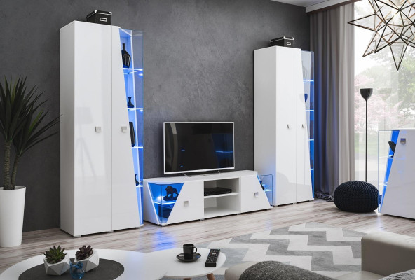 Luxus Wohnzimmer Set Weiß Wohnwand  2x Vitrine Modern TV-Ständer Garnitur 3 tlg