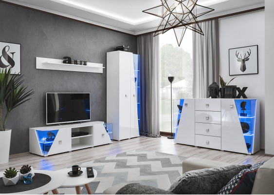Wohnwand Modern Weiß TV-Ständer Wohnzimmer Vitrine Garnitur 4 tlg.Neu