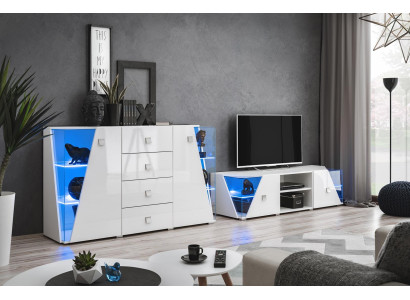 Weiß TV-Ständer Möbel Garnitur Kommode Wohnwand Wohnzimmer Set Modern