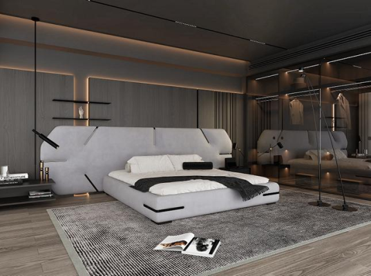 Modernes graues Bett mit elegantem Kopfteil und stilvollem Design Schlafzimmer