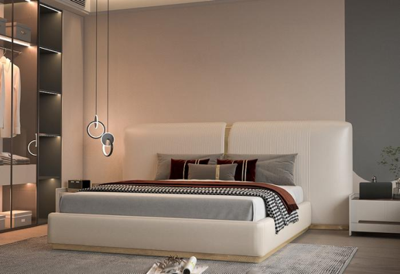 Luxus Beige Bett mit Gold Akzenten Modernes Design Kopfteil für Schlafzimmer