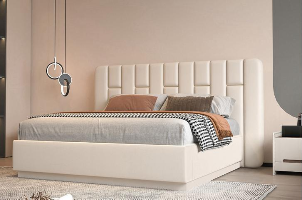 Luxus Beige Bett mit Gestepptem Kopfteil Modernes Design für Schlafzimmer