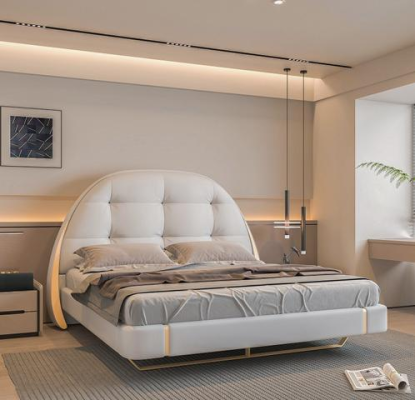 Luxus Graues Bett mit Gold Akzenten Rundes Kopfteil Modernes Design Schlafzimmer