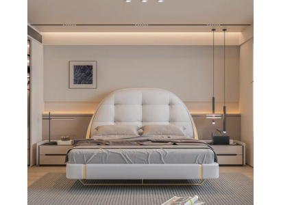 Luxus Graues Bett mit Gold Akzenten Rundes Kopfteil Modernes Design Schlafzimmer