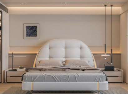 Luxus Graues Bett mit Gold Akzenten Rundes Kopfteil Modernes Design Schlafzimmer