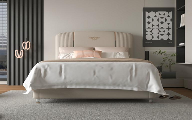 Luxus Beige Bett mit Gepolstertem Kopfteil Gold Modernes Design Schlafzimmer