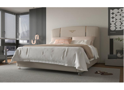 Luxus Beige Bett mit Gepolstertem Kopfteil Gold Modernes Design Schlafzimmer