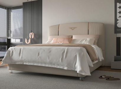 Luxus Beige Bett mit Gepolstertem Kopfteil Gold Modernes Design Schlafzimmer