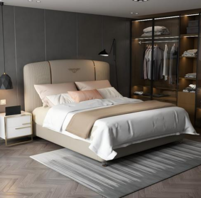 Luxus Beige Bett mit Gepolstertem Kopfteil Gold Modernes Design Schlafzimmer