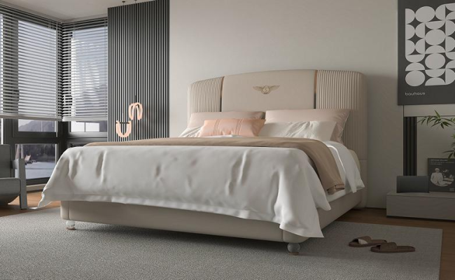 Luxus Beige Bett mit Gepolstertem Kopfteil Gold Modernes Design Schlafzimmer