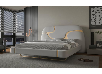 Luxus Bett mit Gold Akzenten Modernes Design Gepolstertes Kopfteil Schlafzimmer