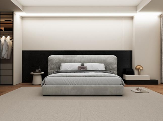 Luxus Graues Bett mit Gepolstertem Kopfteil Modernes Design Schlafzimmer