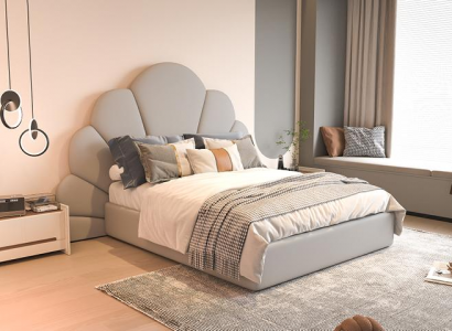 Luxus Graues Bett Blumigem Kopfteil Gepolstertes Design Modernes Schlafzimmer