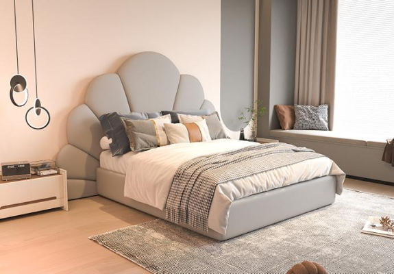 Luxus Graues Bett Blumigem Kopfteil Gepolstertes Design Modernes Schlafzimmer