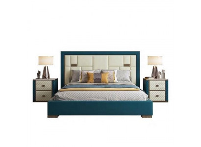 Luxus Blaues Bett mit Gepolstertem Kopfteil Modernes Design und Akzentfarben