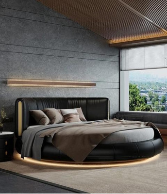 Exklusives Rundbett Grau Beige Polster Leder Design Modernes Schlafzimmer