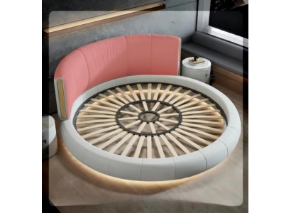 Exklusives Rundbett Grau Beige Polster Leder Design Modernes Schlafzimmer