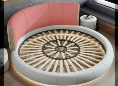 Exklusives Rundbett Grau Beige Polster Leder Design Modernes Schlafzimmer