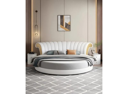 Exklusives Rundbett Weiß Beige Polster Leder Design Modernes Schlafzimmer