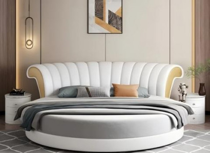 Exklusives Rundbett Weiß Beige Polster Leder Design Modernes Schlafzimmer
