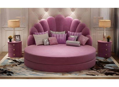 Elegantes Rundbett Weiß Shell Design Polster Lila Silber Modernes Schlafzimmer