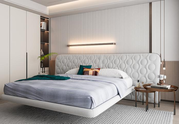 Modernes Bett Weiß Polster Kreis Quilted Design Minimalistisch Schlafzimmer