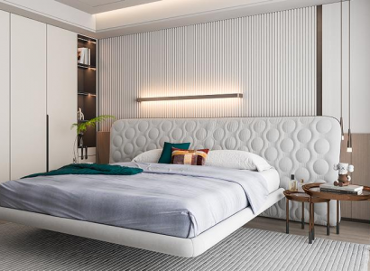 Modernes Bett Weiß Polster Kreis Quilted Design Minimalistisch Schlafzimmer