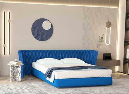Modernes Bett Blau Gewebtes Design Polster Kopfteil Komfort Schlafzimmer