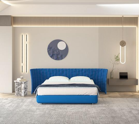 Modernes Bett Blau Gewebtes Design Polster Kopfteil Komfort Schlafzimmer