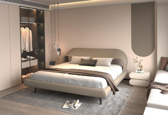 Elegantes Bett Grau Kurvendesign Polster  Minimalistisch Schlafzimmer Bett